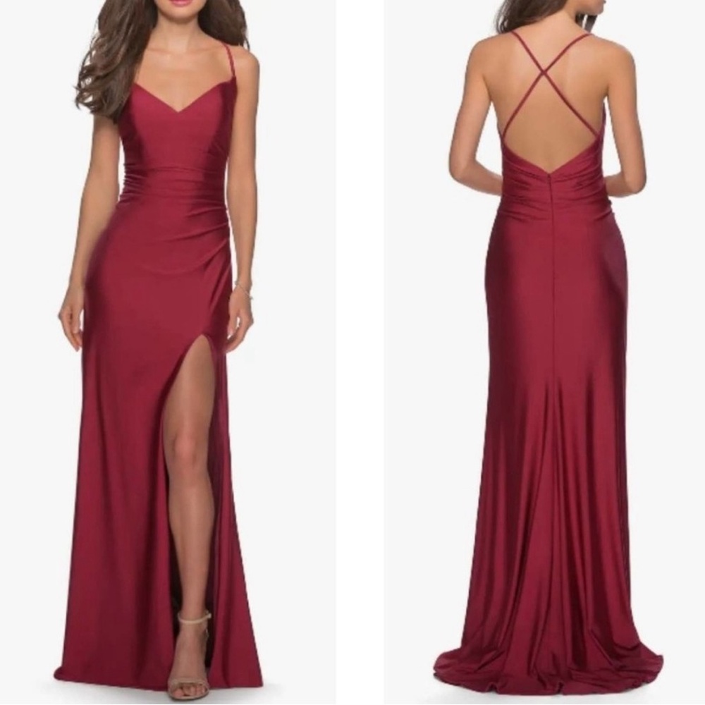 NEW La Femme Cross Back Satin Jersey Trumpet Gown 4